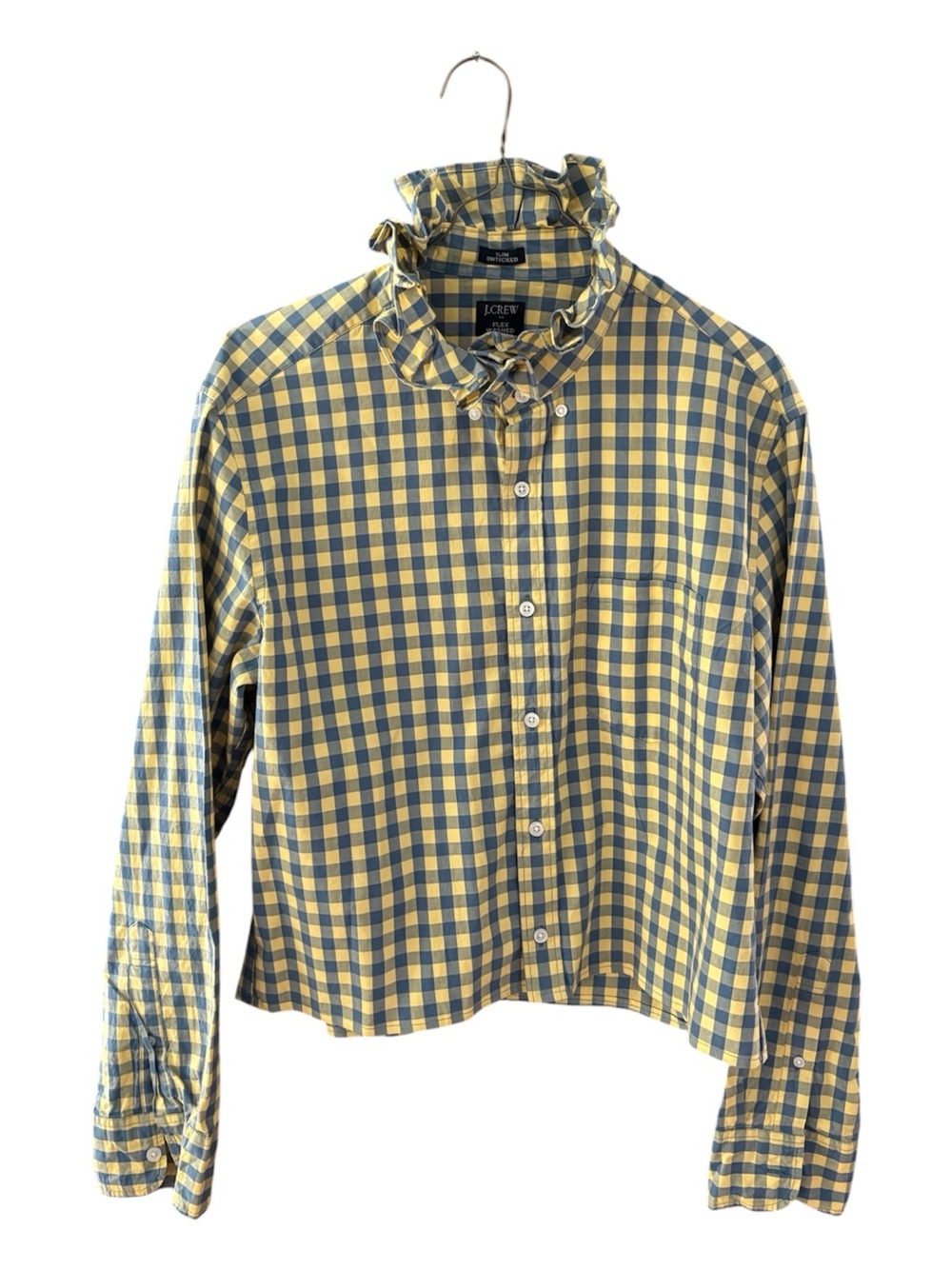 J. Crew Yellow and Navy Gingham Ruffle-Neck Button Down Shirt
